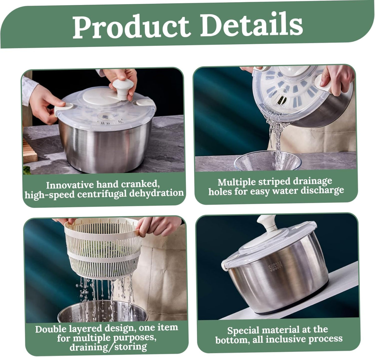 Salad Spinner 5L, Dual Layer Stainless Steel & PP Lettuce Spinner with Lid & Rotating Handle - PuriLite