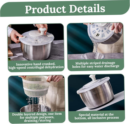 Salad Spinner 5L, Dual Layer Stainless Steel & PP Lettuce Spinner with Lid & Rotating Handle - PuriLite
