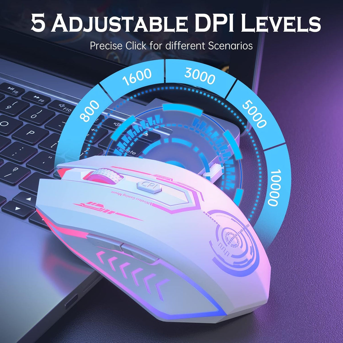 Wireless Gaming Mouse Up to 10000 DPI, UHURU Rechargeable USB Wireless Mouse with 6 Buttons 7 Changeable LED Color Ergonomic Programmable MMO RPG for PC Laptop, Compatible with Windows Mac - PuriLite