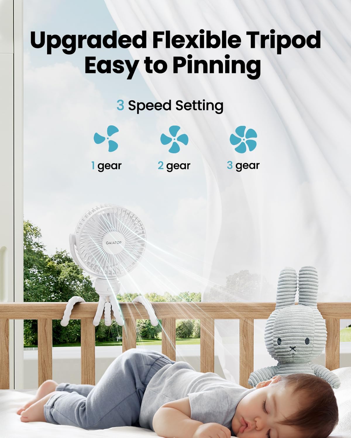 Gaiatop Mini Portable Pram Fan, Rechargeable Small Clip on Fan for Stroller, Detachable 3 Speed 360 Degree Rotate Flexible Tripod Handheld Desk Cooling Car Seat Crib Treadmill Travel Black - PuriLite