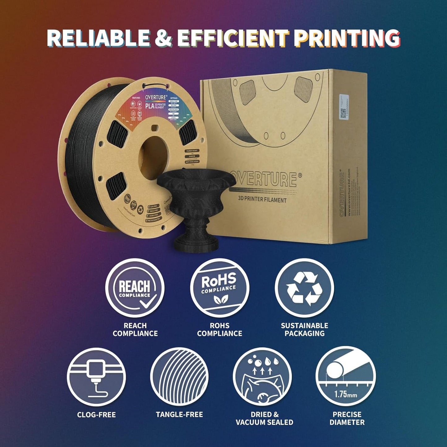OVERTURE PLA Filament 1.75mm PLA 3D Printer Filament, 1kg Cardboard Spool (2.2lbs), Dimensional Accuracy +/- 0.02mm, Fit Most FDM Printer (Black 1-Pack) - PuriLite