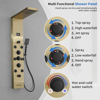 Bathfinesse Shower Tower Bathroom Shower Panel System Rain Massage System 6 in 1 Body Spray Jets Shower Wall Panels Rainfall Waterfall Shower Head Tub Spout with Temperature Display,Matte Black - PuriLite
