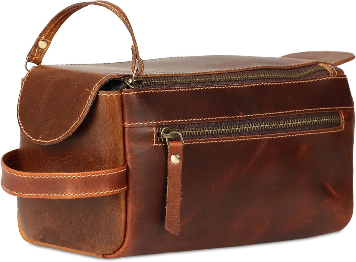 Premium Buffalo Leather Unisex Toiletry Bag Travel Dopp Kit Shaving kit (Distressed Tan) - PuriLite