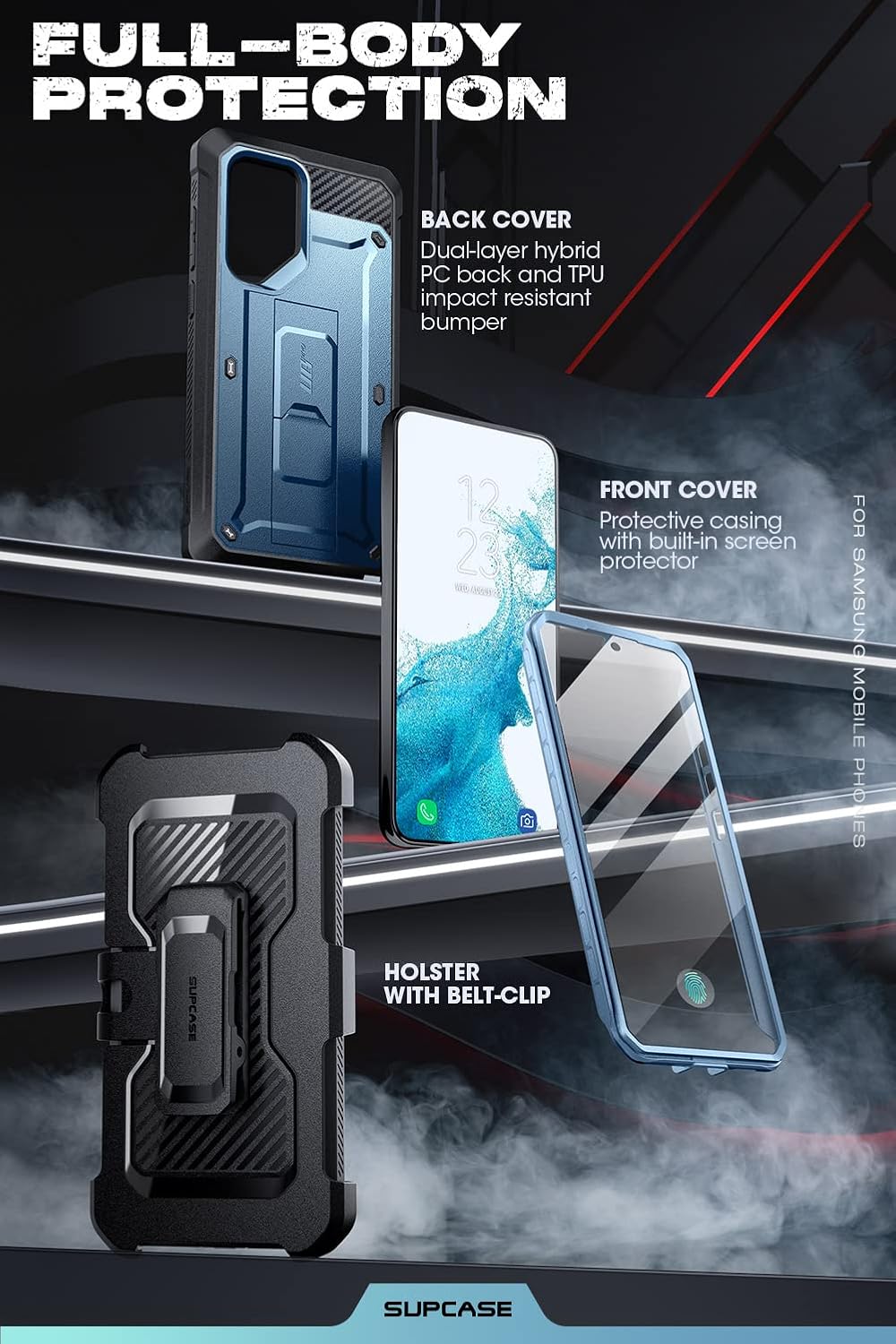 SUPCASE Unicorn Beetle Pro Case for Samsung Galaxy S23 Ultra 5G (2023), [Extra Front Frame] Full-Body Dual Layer Rugged Belt-Clip & Kickstand Case with Built-in Screen Protector (Black) - PuriLite