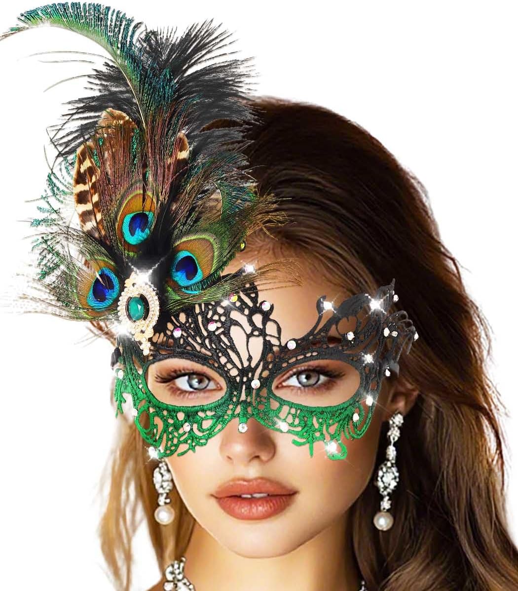 Campsis Peacock Feather Masquerade Mask Green Rhinestone Lace Mask for Women - PuriLite