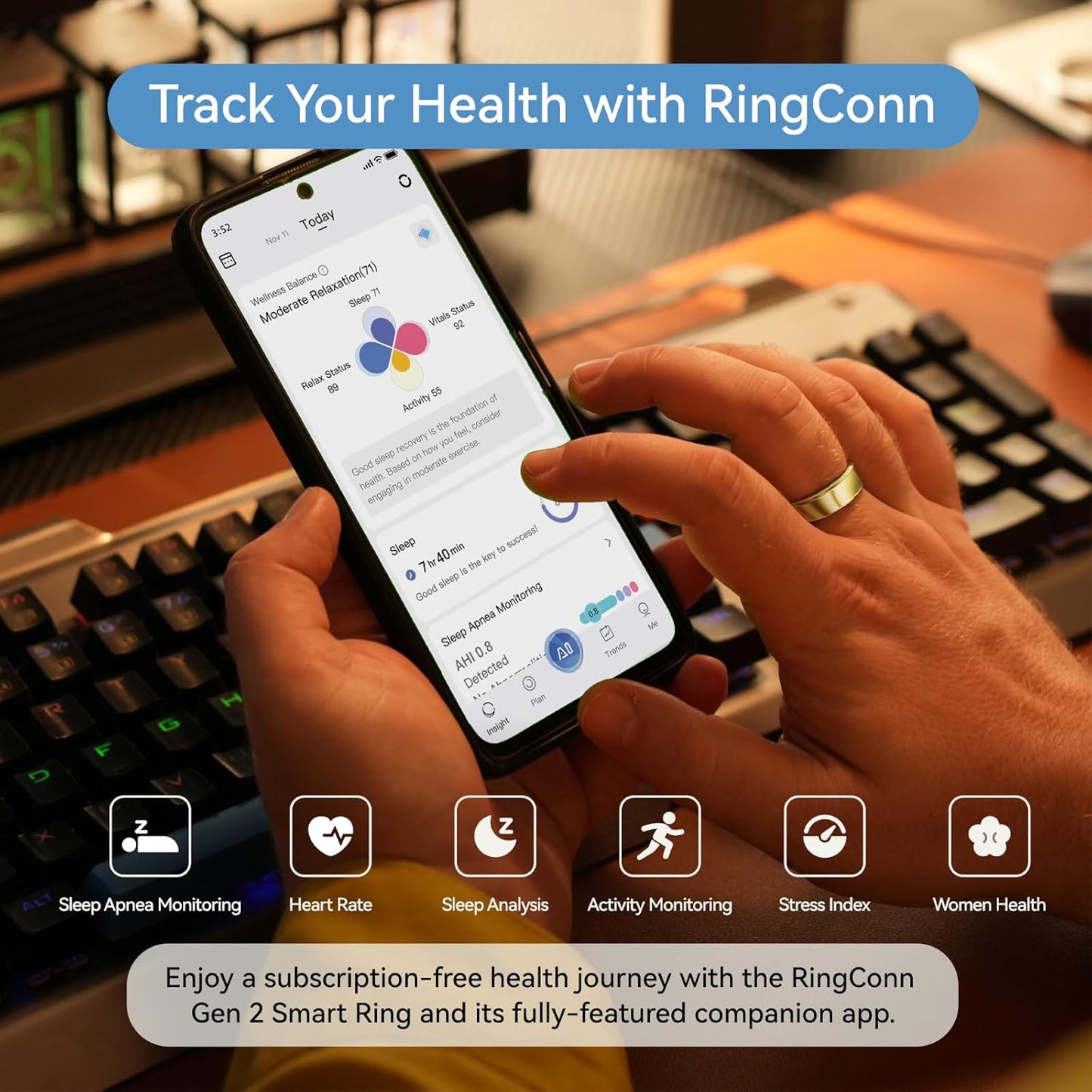 RingConn Gen 2 Smart Ring, No App Subscription, Size First with Sizing Kit, 12-Day Battery Life, Stress/Women's Health Tracker, Compatible with Android & iOS (Black, Size 8) - PuriLite