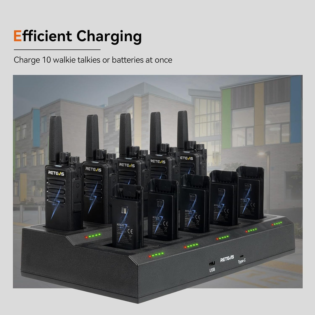 Retevis RT68H 2 Way Radios Long Range with 10 Way Charger,Walkie Talkies Rechargeable for Adults,Easier Charging,Easier Management,LED Display, Keypad Lock,Hands Free Compact Walkie Talkie (10 Pack) - PuriLite