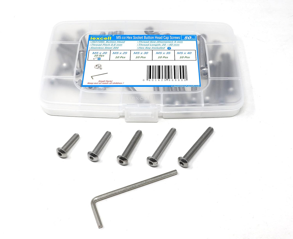 iexcell 50 Pcs M6 x 20mm Thread Pitch 1 mm Stainless Steel 304 Hex Socket Button Head Cap Screws Bolts Kit - PuriLite