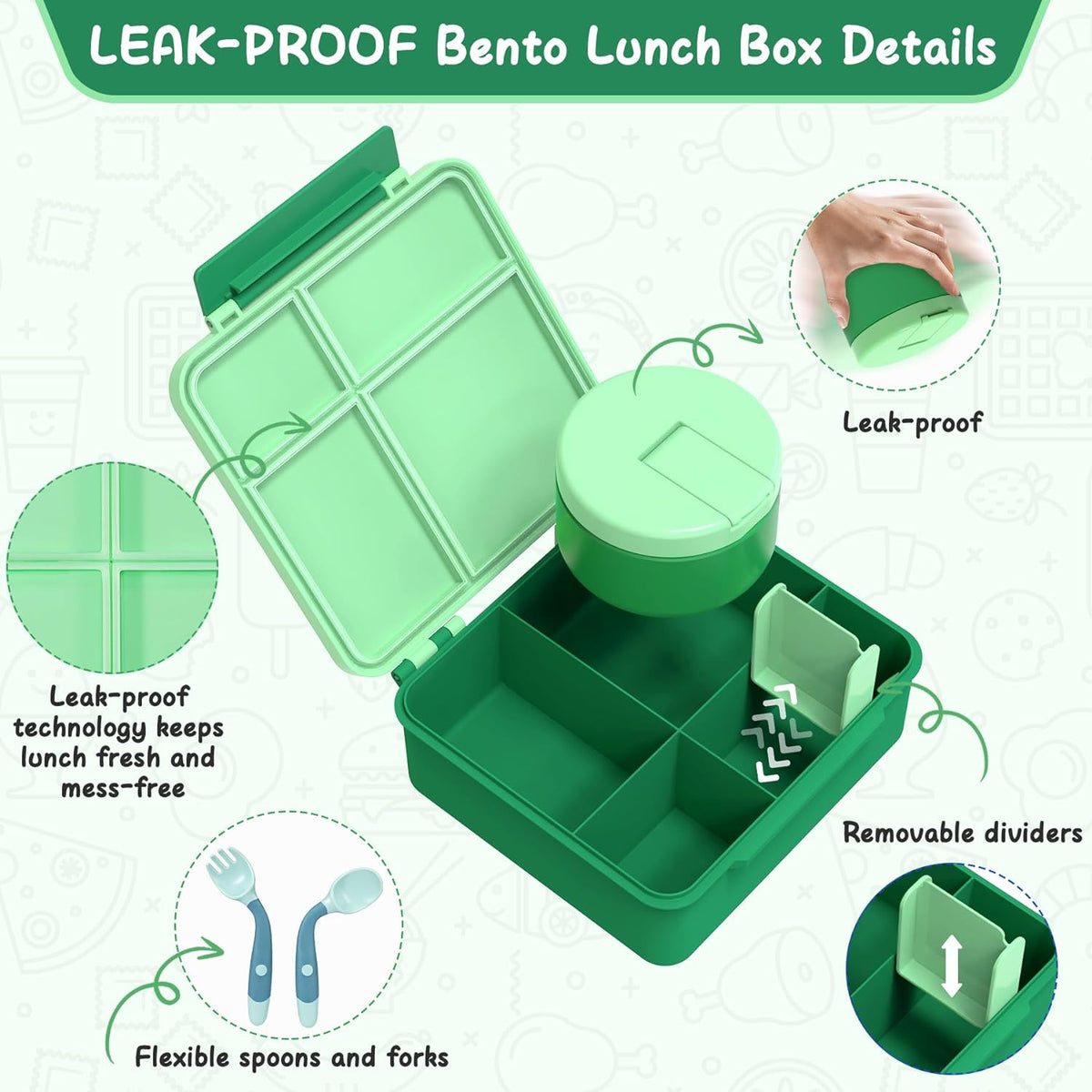 Bento Lunch Box for Kid with 7oz Soup Jar, Leak-Proof Lunch Box with Cutlery, 4-Compartments Lunch Container for School Outdoors Office - PuriLite