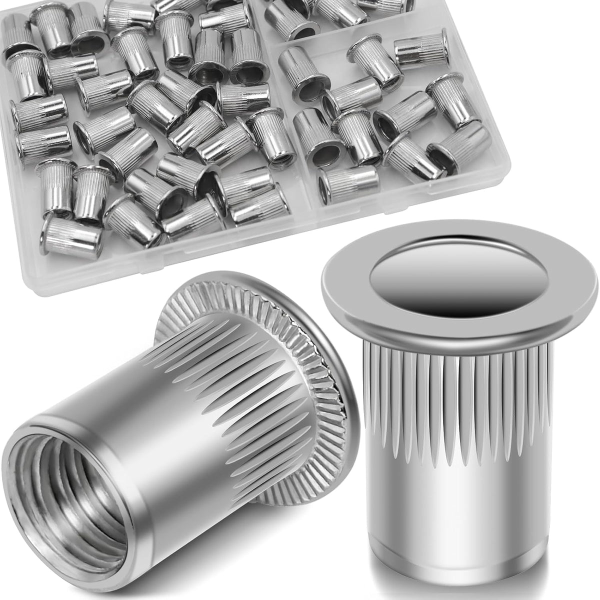Vifmy Metric & SAE Rivet Nut Assortment Kit(420 Pcs),m3 m4 m5 m6 m8 m10 m12#6-32#8-32#10-24 1/4"-20 5/16"-18 3/8"-16 UNC Flat Head Rivnut Set,Zinc Plated Finish Carbon Steel Nutsert - PuriLite