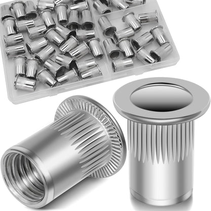 Vifmy Metric & SAE Rivet Nut Assortment Kit(420 Pcs),m3 m4 m5 m6 m8 m10 m12#6-32#8-32#10-24 1/4"-20 5/16"-18 3/8"-16 UNC Flat Head Rivnut Set,Zinc Plated Finish Carbon Steel Nutsert - PuriLite