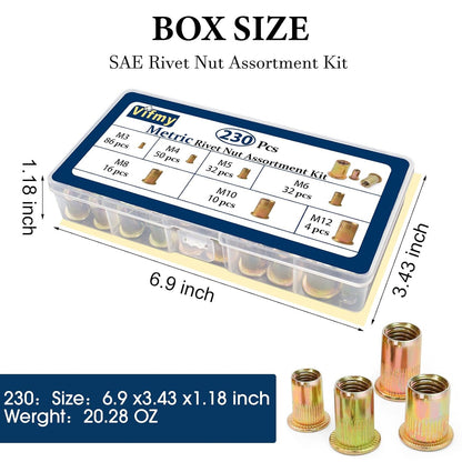 Vifmy Metric & SAE Rivet Nut Assortment Kit(420 Pcs),m3 m4 m5 m6 m8 m10 m12#6-32#8-32#10-24 1/4"-20 5/16"-18 3/8"-16 UNC Flat Head Rivnut Set,Zinc Plated Finish Carbon Steel Nutsert - PuriLite