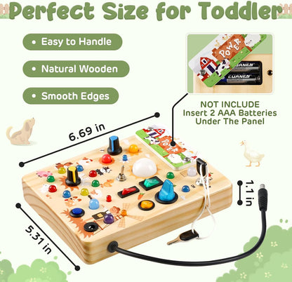 Joyreal Montessori Busy Board Wooden Sensory Toys for Toddler with LED Light Up Switch, Baby Fidget Board Travel Toys for 18+ Months, Boys Girls Birthday - PuriLite