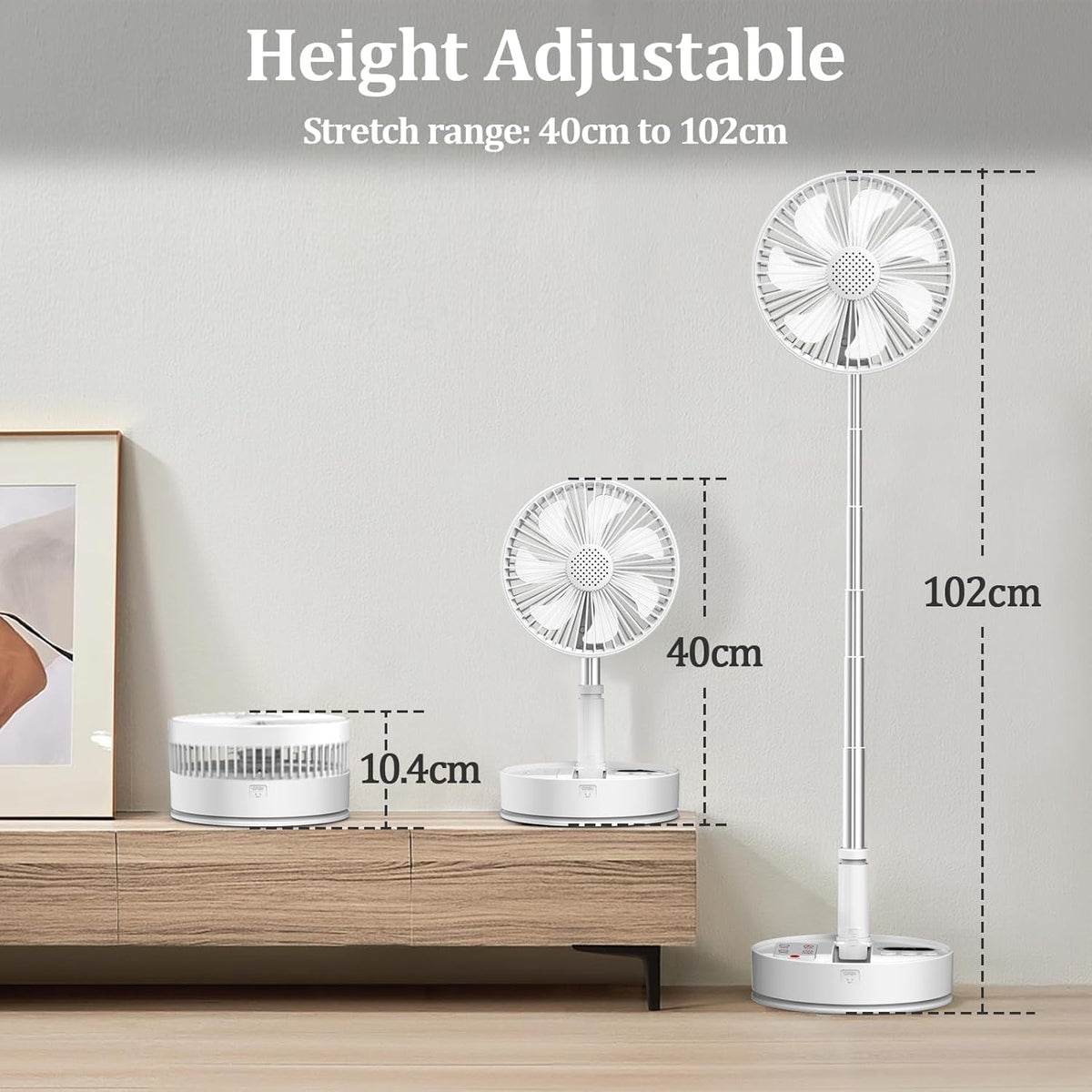 HHT Foldable Portable Standing Fan with Remote, 8" Rechargeable Floor Fan, 120° Quiet Oscillating Fan, 4 Speeds, LED Light, Timer, 7200mAh Battery, Adjustable Height Table Fan for Home Travel - PuriLite