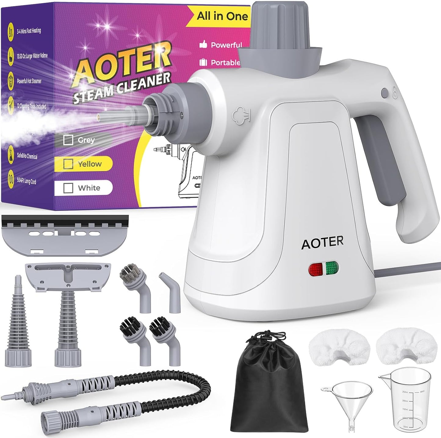AOTER Pressurized Handheld Steam Cleaner, Portable Steam Cleaner Multipurpose for Home, Multi-Surface Steam Cleaner for Tile, Grout, Windows, Bathroom, Kitchen, Car Cleaning, with 12pcs Accessories - PuriLite