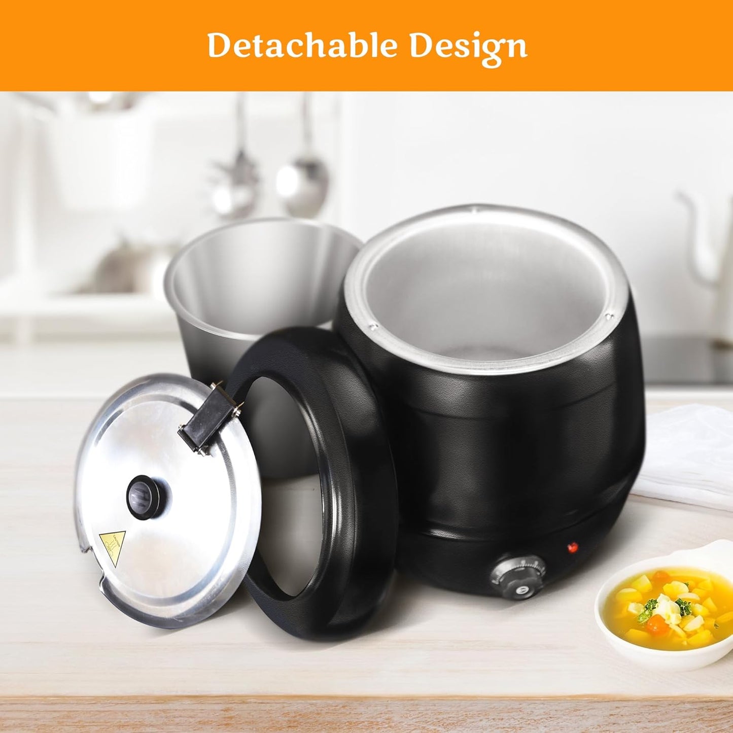 CLIVIA Soup Warmer, 11 Qt Soup Kettle Warmer Electric Commercial Food Kettle Warmer Coountertop with Hinged Lid & Detachable Stainless Steel Insert Pot for Restaurant/Buffet/Hotel/Family, Black - PuriLite