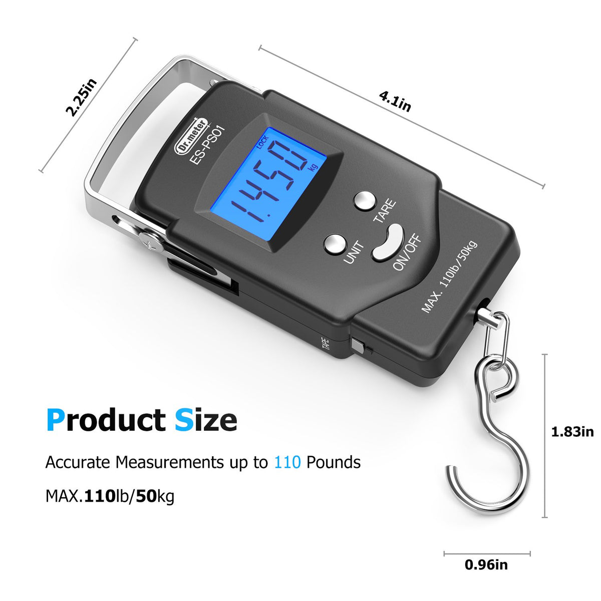 Fish Scale, Dr.meter 110lb/50kg Backlit LCD Display Digital Scale with Built-in Measuring Tape - Electronic Fishing Postal Hanging Hook Scale with 2 AAA Batteries, Pocket Size - PuriLite