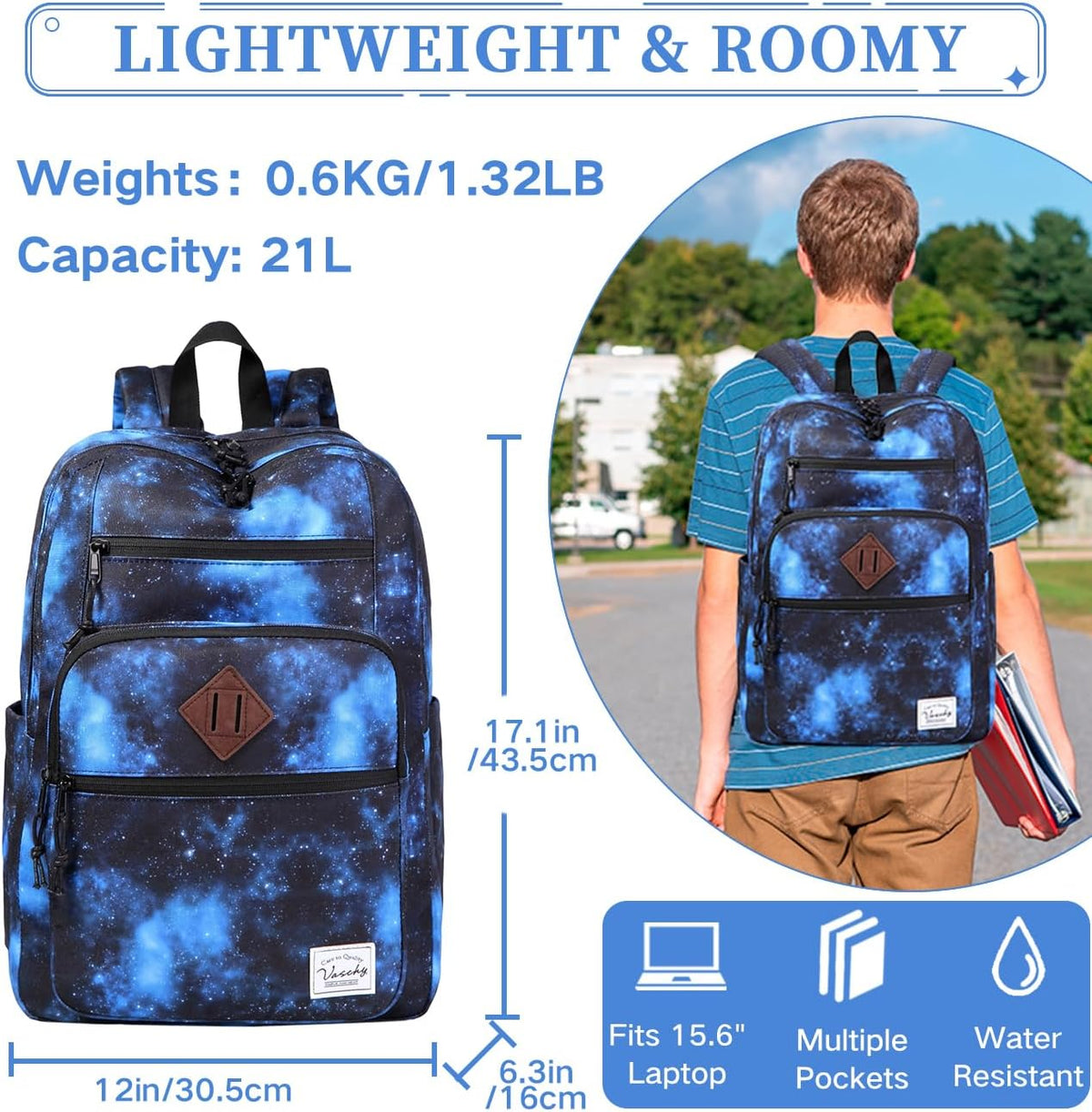 School Backpack for Men Women,Vaschy Lightweight School Bag Bookbag Casual Daypack for High School/College/Teens/Travel/Work - PuriLite
