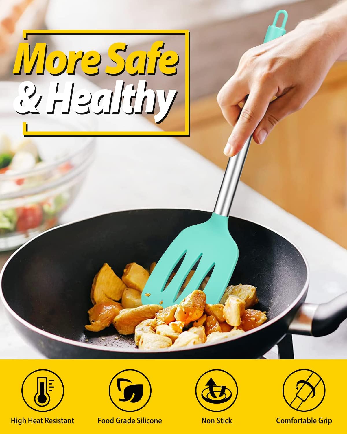 Pack of 2 Silicone Slotted Spatula,Non Stick Solid Kitchen Turner, High Heat Resistant BPA Free Cooking Utensils for Fish, Eggs, Pancakes（Black - PuriLite