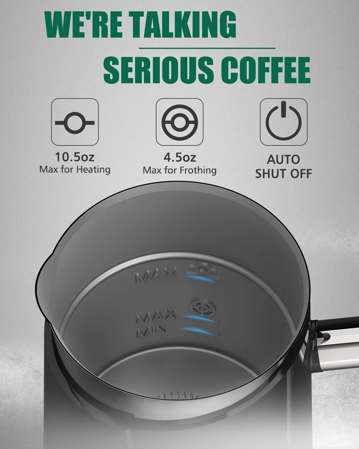 Huogary Milk Frother, Milk Steamer for Milk Foam & Hot Milk(4.5oz/10.5oz), Electric Milk Frother and Warmer for Homemade Coffee, 120V (Black) - PuriLite
