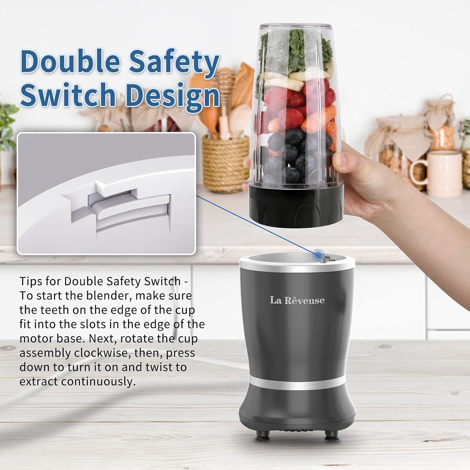 La Reveuse Personal Size Blender 250 Watts Power for Shakes Smoothies Seasonings Sauces with 1 Piece 15 oz Cup,1 Piece 10 oz Mug,BPA Free (Black) - PuriLite