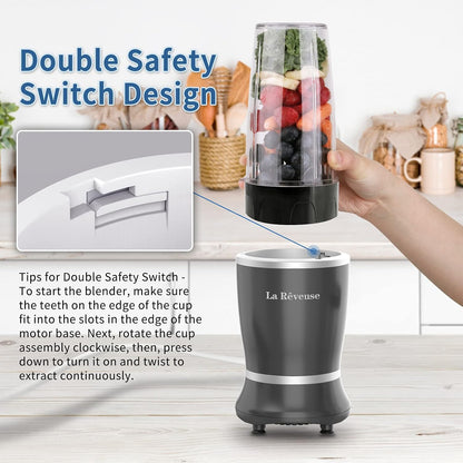 La Reveuse Personal Size Blender 250 Watts Power for Shakes Smoothies Seasonings Sauces with 1 Piece 15 oz Cup,1 Piece 10 oz Mug,BPA Free (Black) - PuriLite