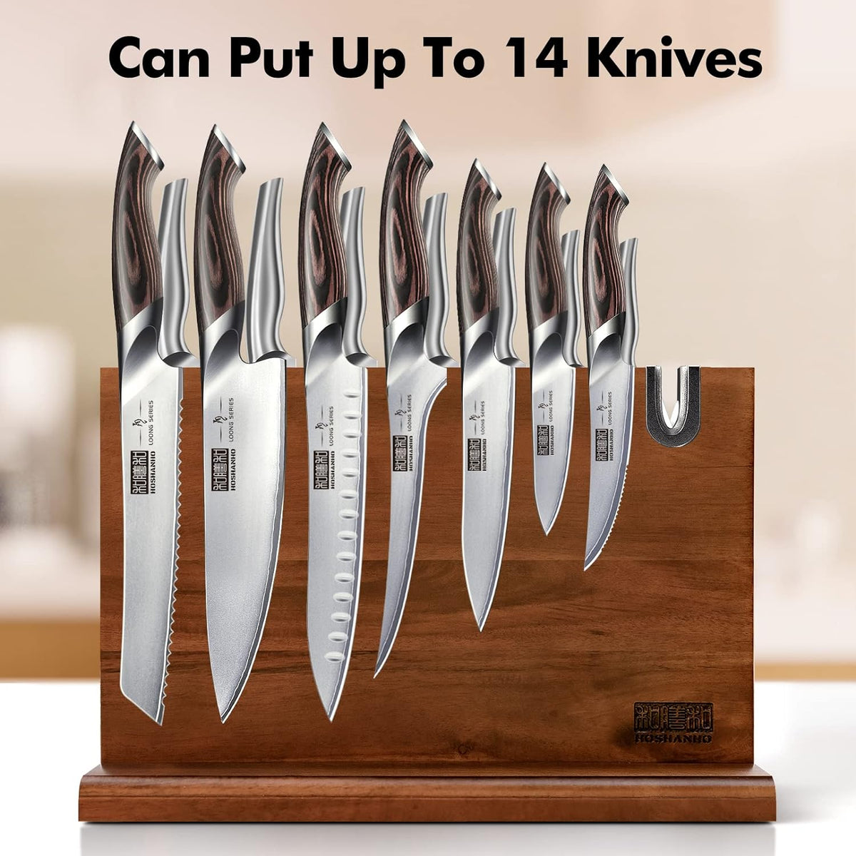 HOSHANHO Magnetic Knife Block 14 x 10 Inches, Double Sided Magnetic Knife Holder Rack for Kitchen Counter, Acacia Wood Magnetic Knife Storage Stand with Knife Sharpener - PuriLite