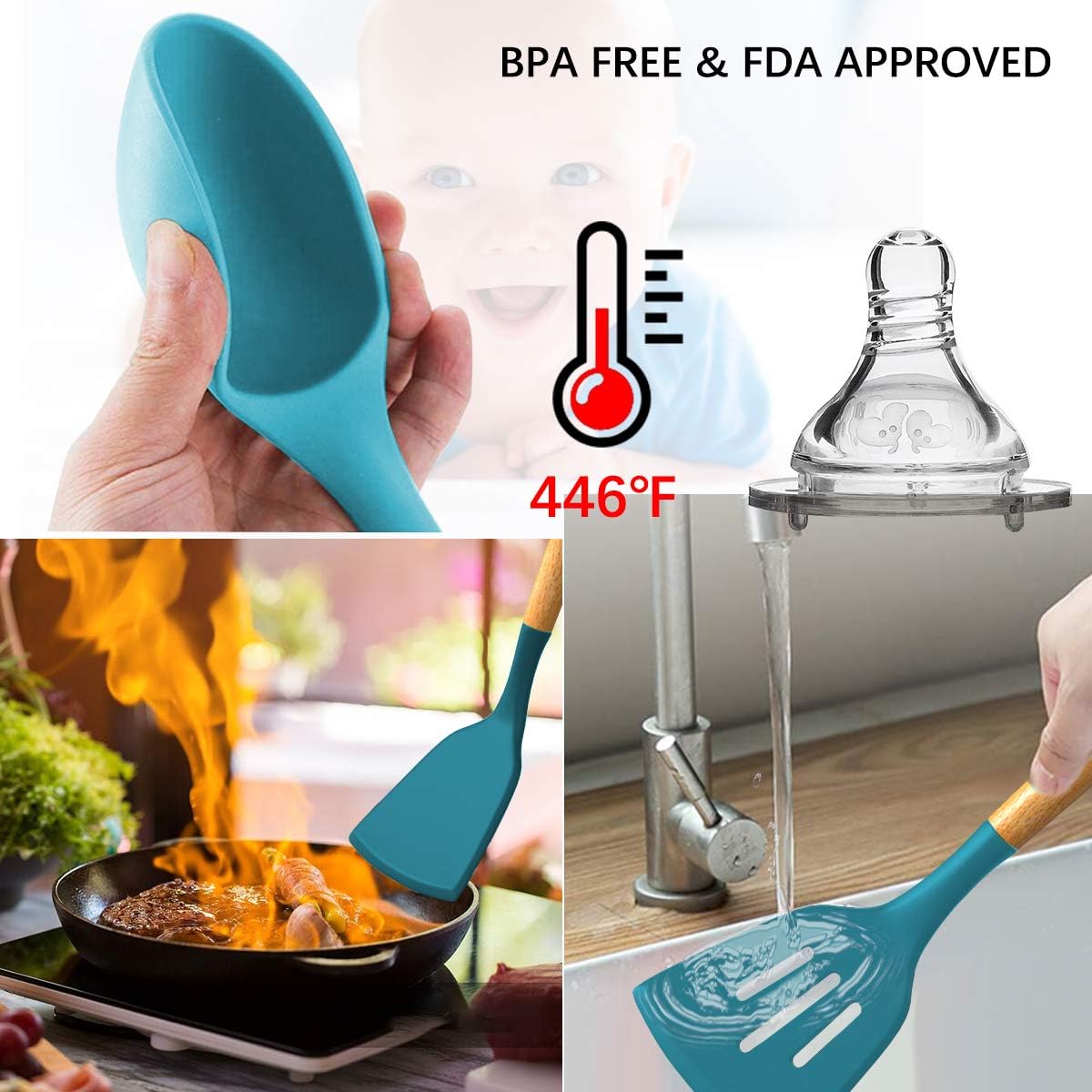 Umite Chef Kitchen Cooking Utensils Set, 33 pcs Non-Stick Silicone Cooking Kitchen Utensils Spatula Set with Holder, Wooden Handle Silicone Kitchen Gadgets Utensil Set (Khaki) - PuriLite