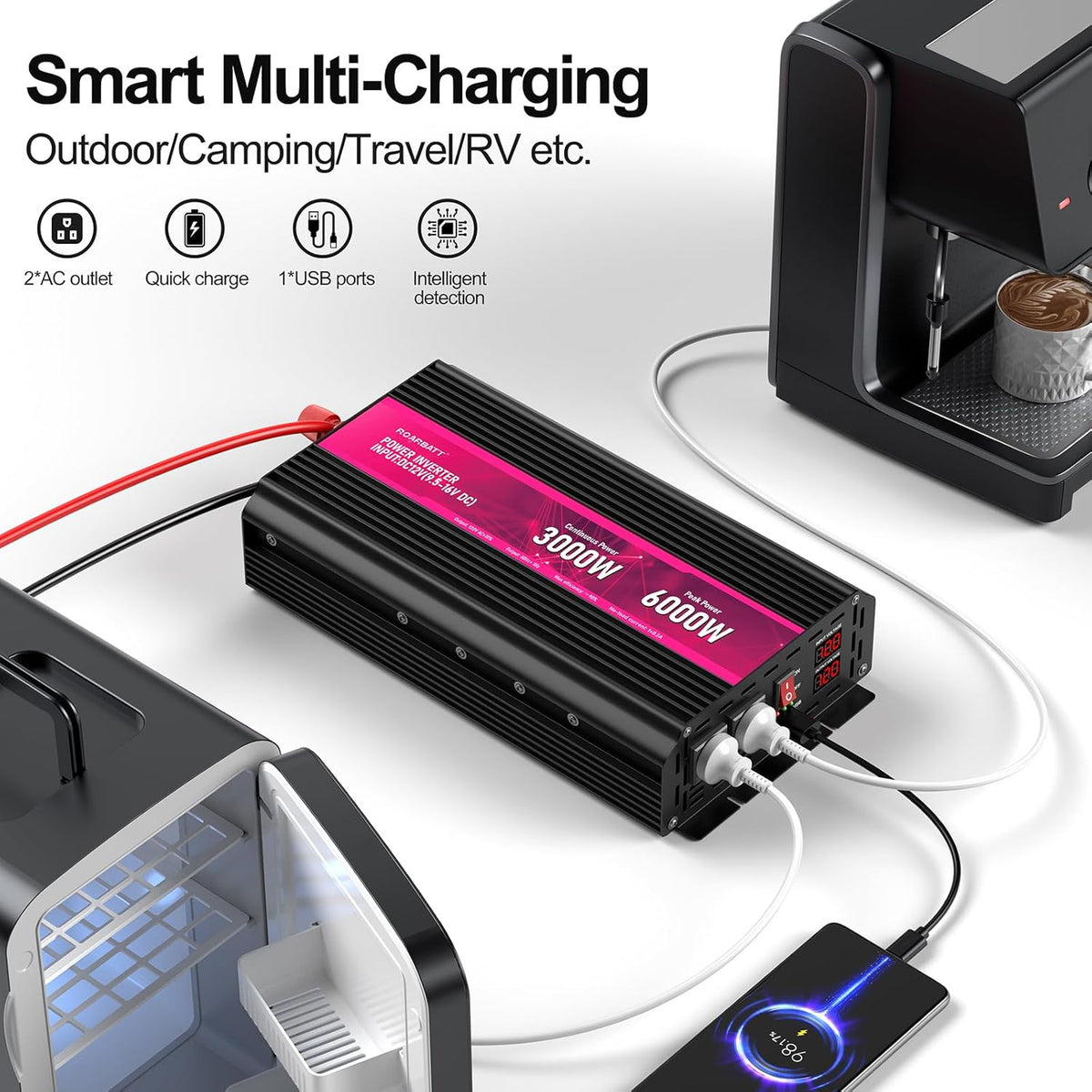 3000W Power Inverter,12V DC to AC 110V120V Peak Power 6000W with 2AC Outlets and 2.4USB Port,LCD Display Car Inverter for Outdoor Activities,Emergency - PuriLite