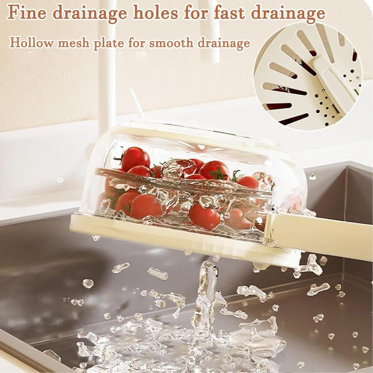 Fruit Vegetable Draining Bowl, Kitchen Strainer with Foldable Handle, Lid, Drain Tray, Rotating Fruit and Vegetable Washing Colander for Salad Mixing, Fruit Washing (White) - PuriLite