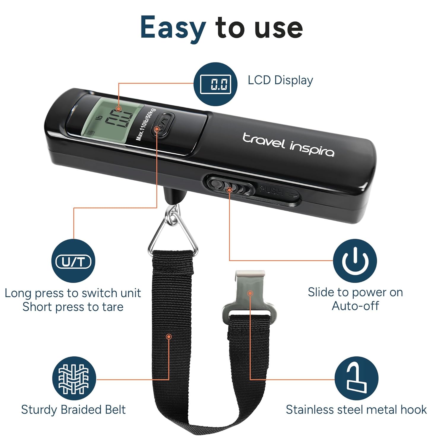 travel inspira Luggage Scale Battery-Free, Portable Handheld Digital Suitcase Scale for Travelling, 110lbs/50kg - PuriLite