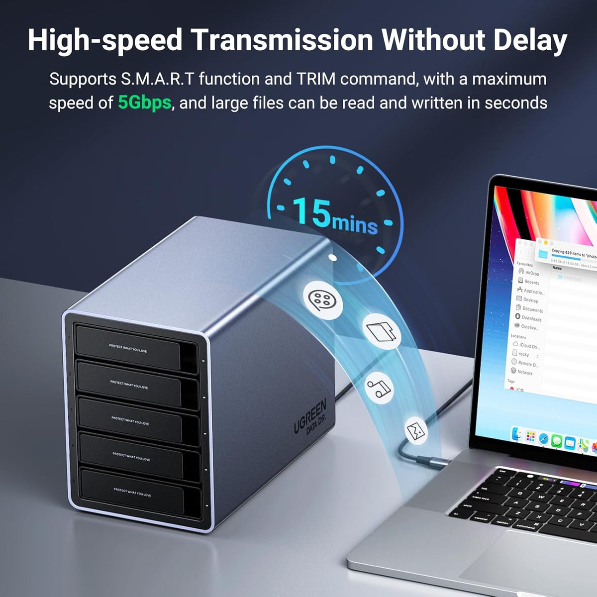 UGREEN 5 Bay USB C RAID Hard Drive Enclosure 100TB for 3.5 2.5 Inch SSD HDD, Disk Array Support RAID0 RAID1 RAID10 RAID3 RAID5 Clone PM Large Mode, S.M.A.R.T, with 12V Power Adapter and USB C Cable - PuriLite