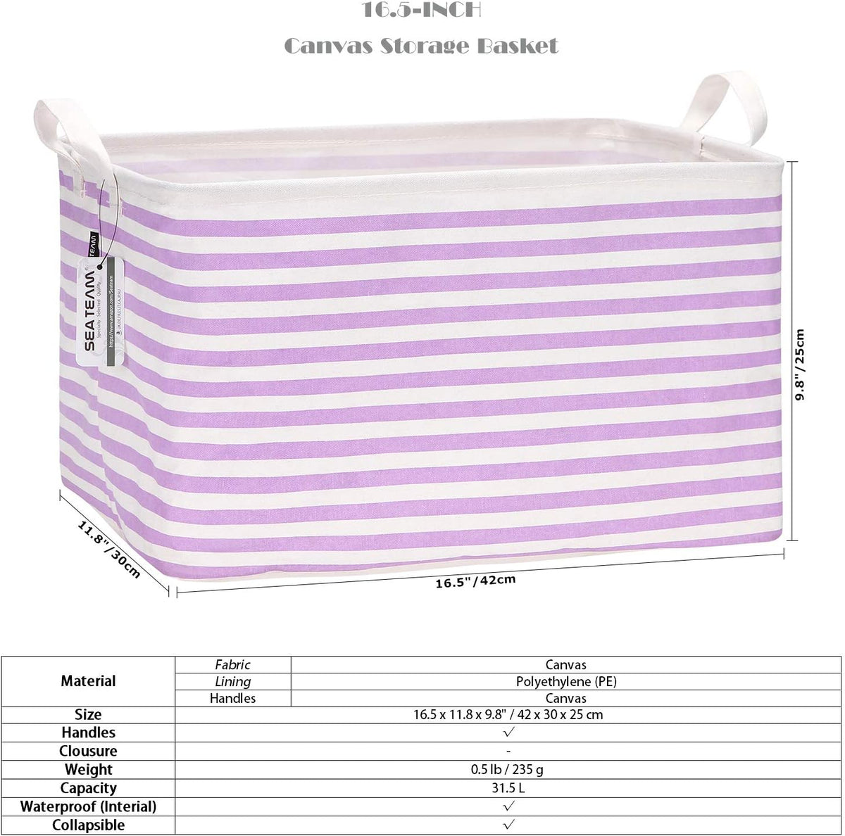 Sea Team 16.5 x 11.8 x 9.8 inches Square Canvas Fabric Storage Bins Shelves Storage Baskets Organizers for Nursery & Kid's Room, Grey Stripe - PuriLite