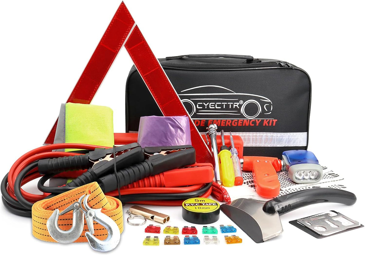 Car Roadside Emergency Kit with Jumper Cables, Reflective Triangle, Tow Rope, Safety Hammer, Tire Gauge, Flashlight & More – Complete Auto Safety Survival Kit - PuriLite