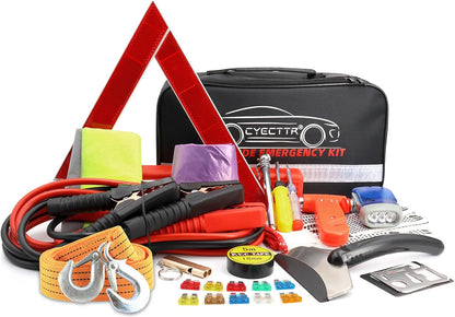 Car Roadside Emergency Kit with Jumper Cables, Reflective Triangle, Tow Rope, Safety Hammer, Tire Gauge, Flashlight & More – Complete Auto Safety Survival Kit - PuriLite