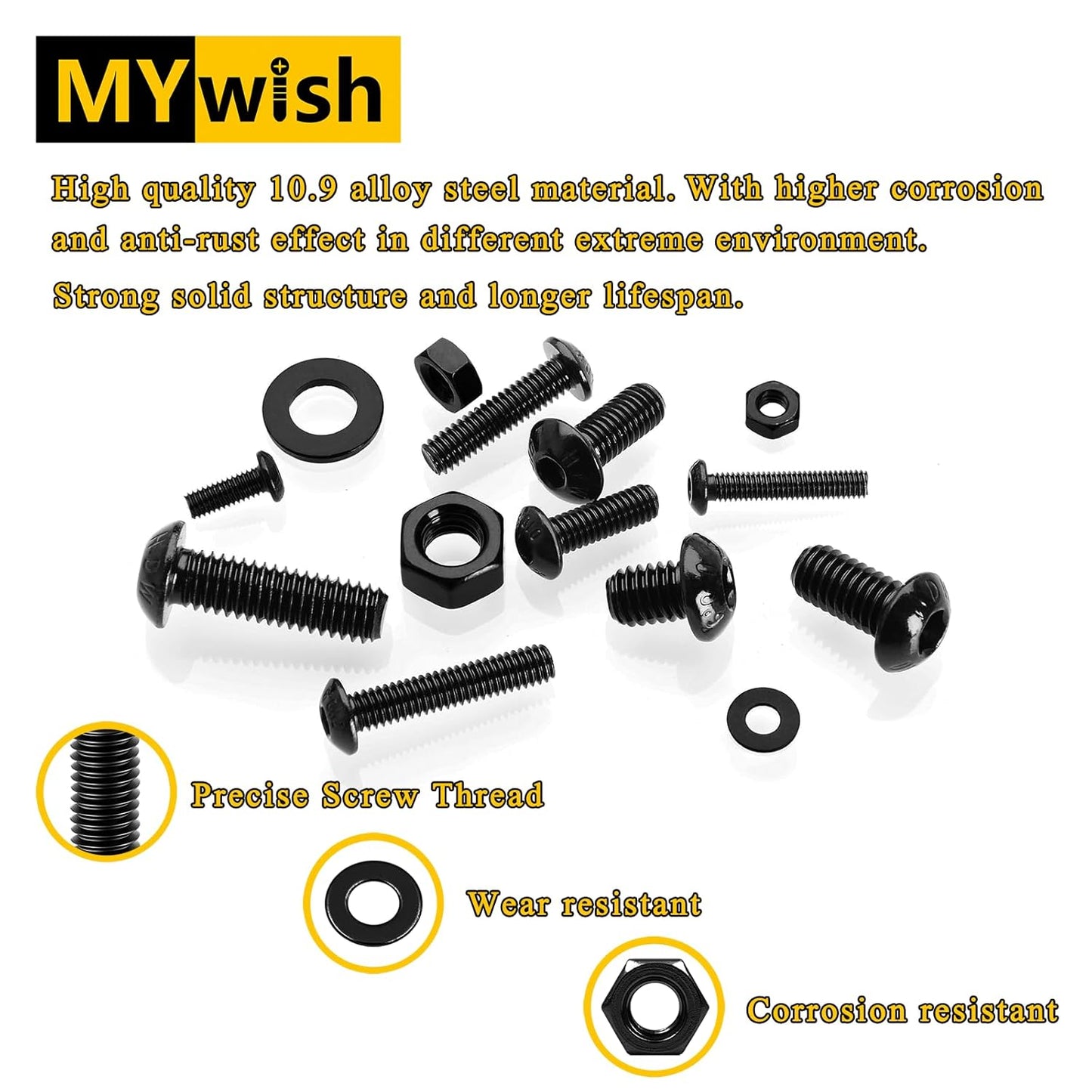 Mywish 900Pcs Metric Screw Assortment, M3 M4 M5 M6 Screw Assortment Kit 304 Stainless Steel Hex Socket Button Head Socket Cap Metric Screws Bolts & Flat Washers/Nuts/Hex Wrenches 16 Sizes 8MM to 20MM - PuriLite