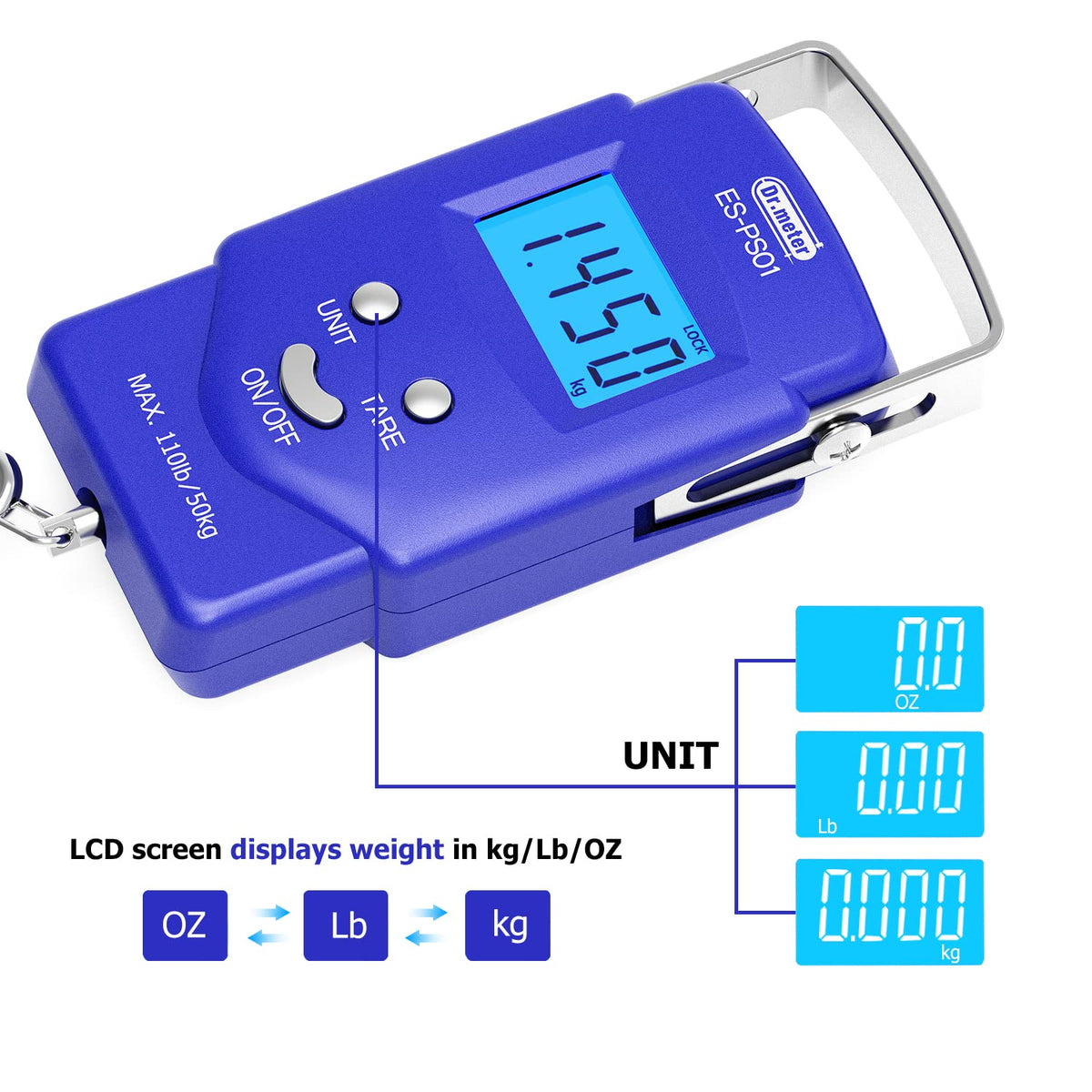 Fish Scale, Dr.meter 110lb/50kg Backlit LCD Display Digital Scale with Built-in Measuring Tape - Electronic Fishing Postal Hanging Hook Scale with 2 AAA Batteries, Pocket Size - PuriLite