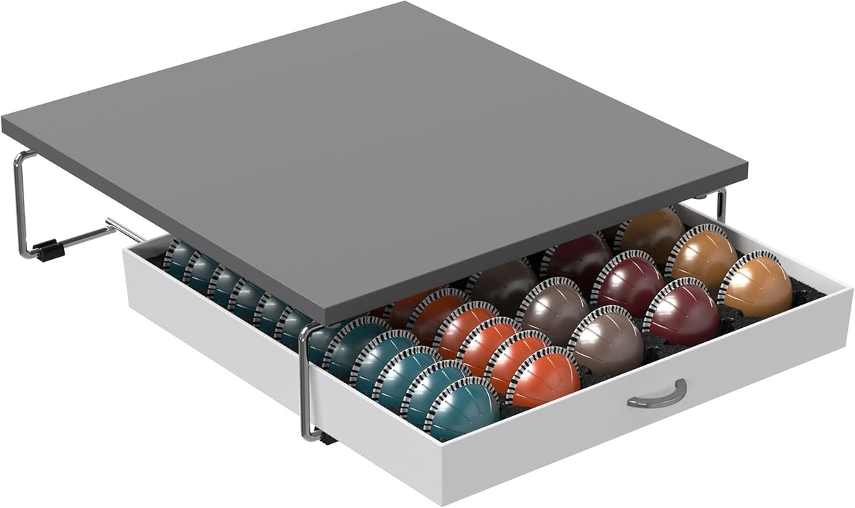 DecoBrothers Vertuo Pod Holder VertuoLine Drawer Storage for Nespresso Coffee Capsules, Crystal Tempered Glass, White - PuriLite