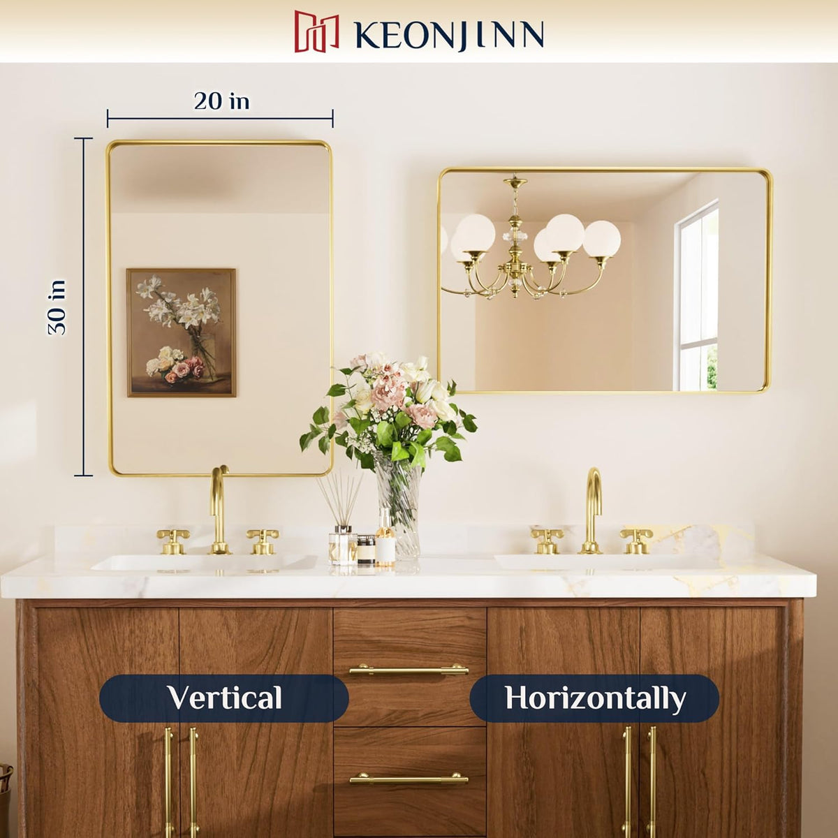 Keonjinn 42 x 36 Brushed Nickel Bathroom Vanity Mirror, Large Rounded Rectangle Bathroom Mirrors for over Sink, Metal Framed Silver Mirror for Wall, Shatterproof HD Tempered Glass(Horizontal/Vertical) - PuriLite