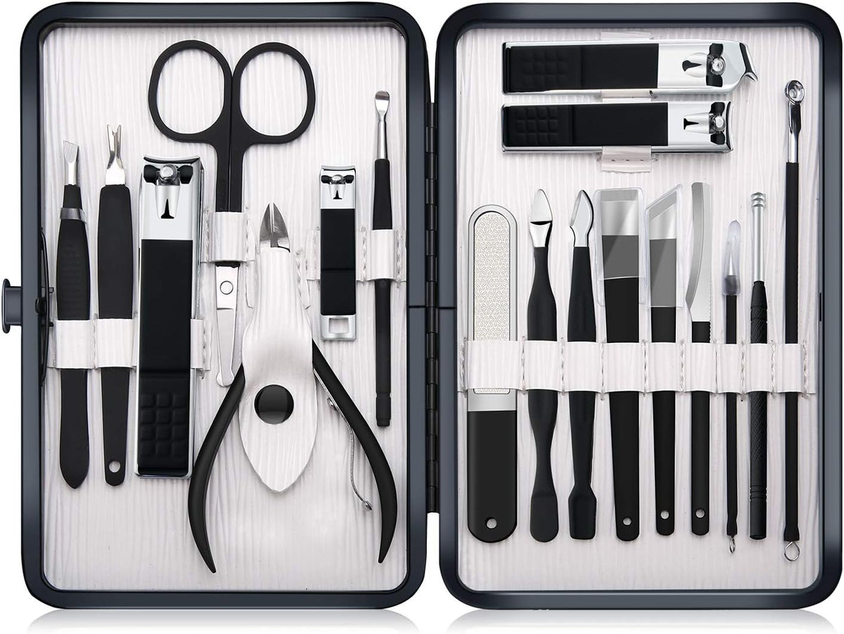 Keiby Citom Professional Stainless Steel Nail Clipper Travel & Grooming Kit Nail Tools Manicure & Pedicure Set of 18pcs with Luxurious Case (Black) - PuriLite