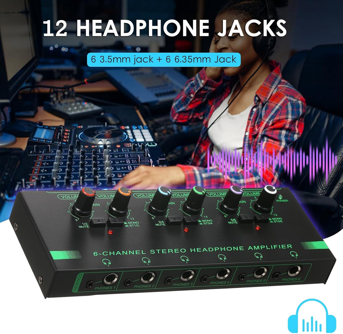 Headphone Amplifier, Headphone Amp 6 Channel Metal Stereo Audio Amplifier Splitter Mini Earphone Splitter - PuriLite