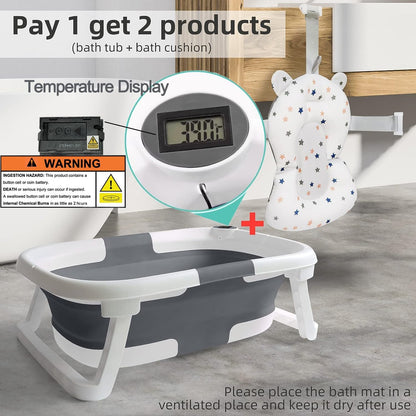 Befol Collapsible Baby Bathtub for Infants to Toddler, Portable Travel Bathtub Multifunctional Bathtub with Drain Hole, Baby Folding Bathtub for Newborn 0-36 Month (grey+Floating Baby Bath Cushion) - PuriLite