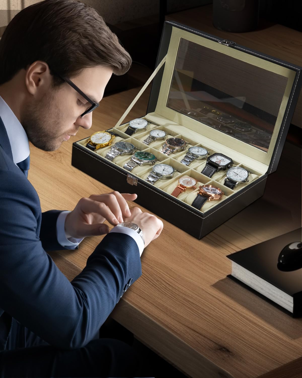 Ohuhu Watch Box Organizer for Men -12 Slot Leather Watch Case with Real Glass Lid Watch Display Case, Watch Organizer Jewelry Storage Box - PuriLite