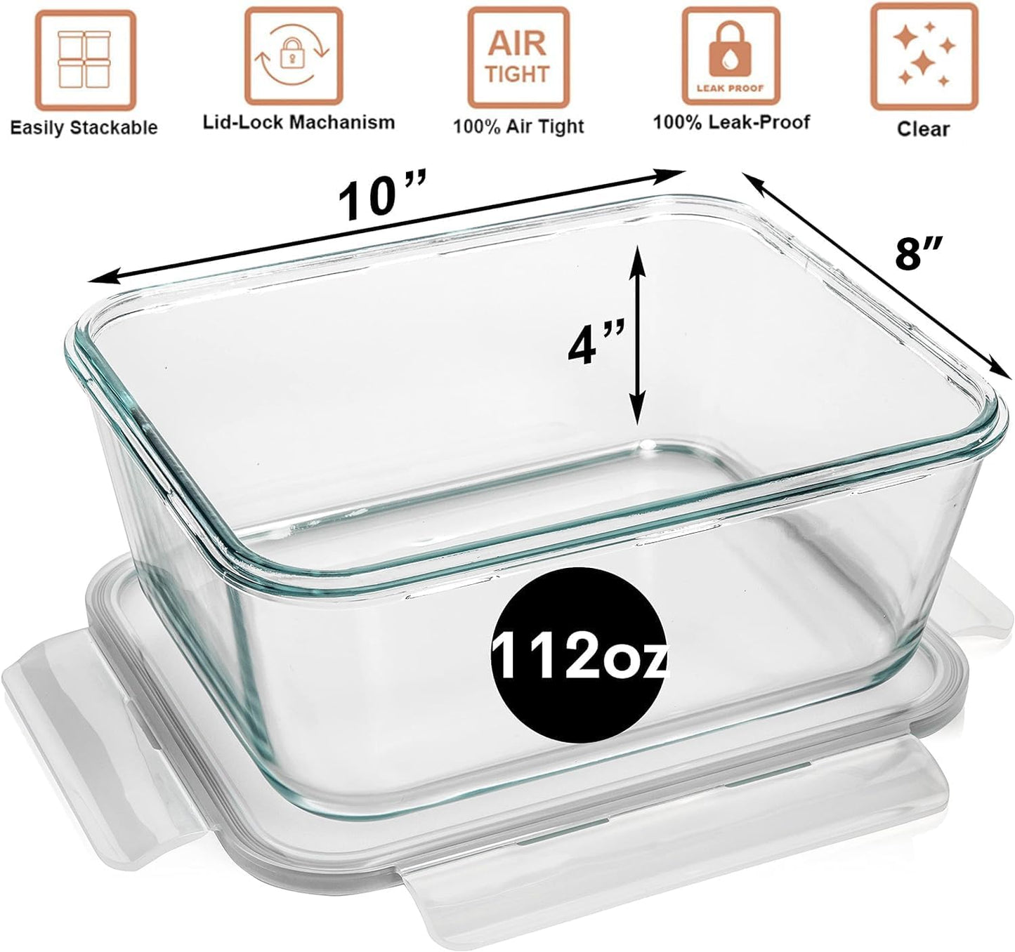 Razab 3300 Ml / 112 Oz Large Glass Container Food Storage with Lids - Leakproof, BPA-Free Large Meal Prep Container Ideal for Roasting Turkey, Store Leftover - Microwave & Oven Safe - PuriLite