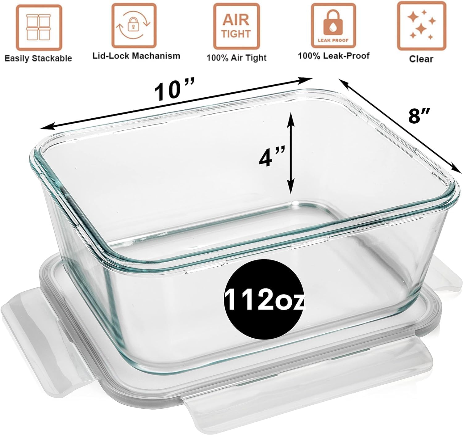 Razab 3300 Ml / 112 Oz Large Glass Container Food Storage with Lids - Leakproof, BPA-Free Large Meal Prep Container Ideal for Roasting Turkey, Store Leftover - Microwave & Oven Safe - PuriLite