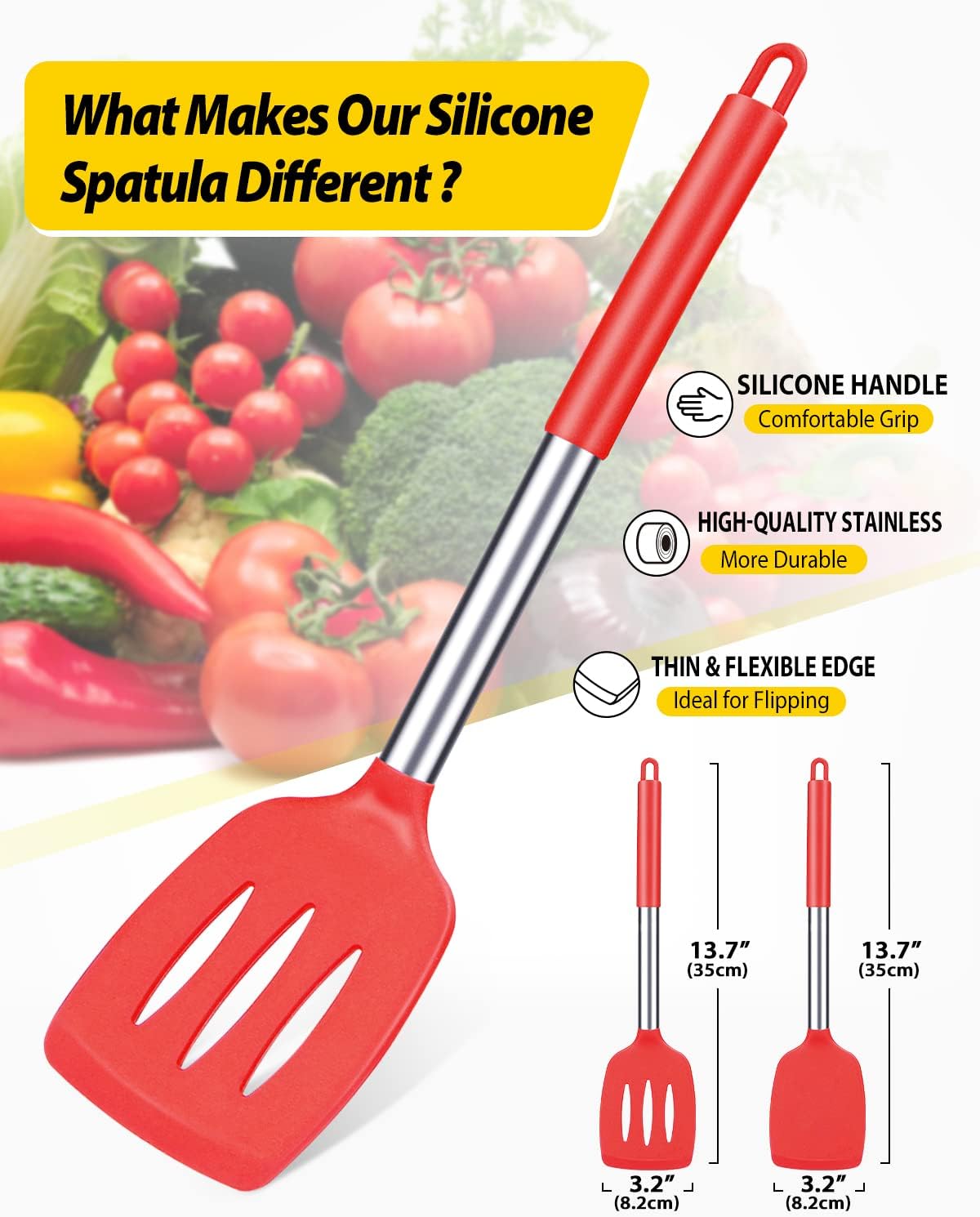 Pack of 2 Silicone Slotted Spatula,Non Stick Solid Kitchen Turner, High Heat Resistant BPA Free Cooking Utensils for Fish, Eggs, Pancakes（Black - PuriLite