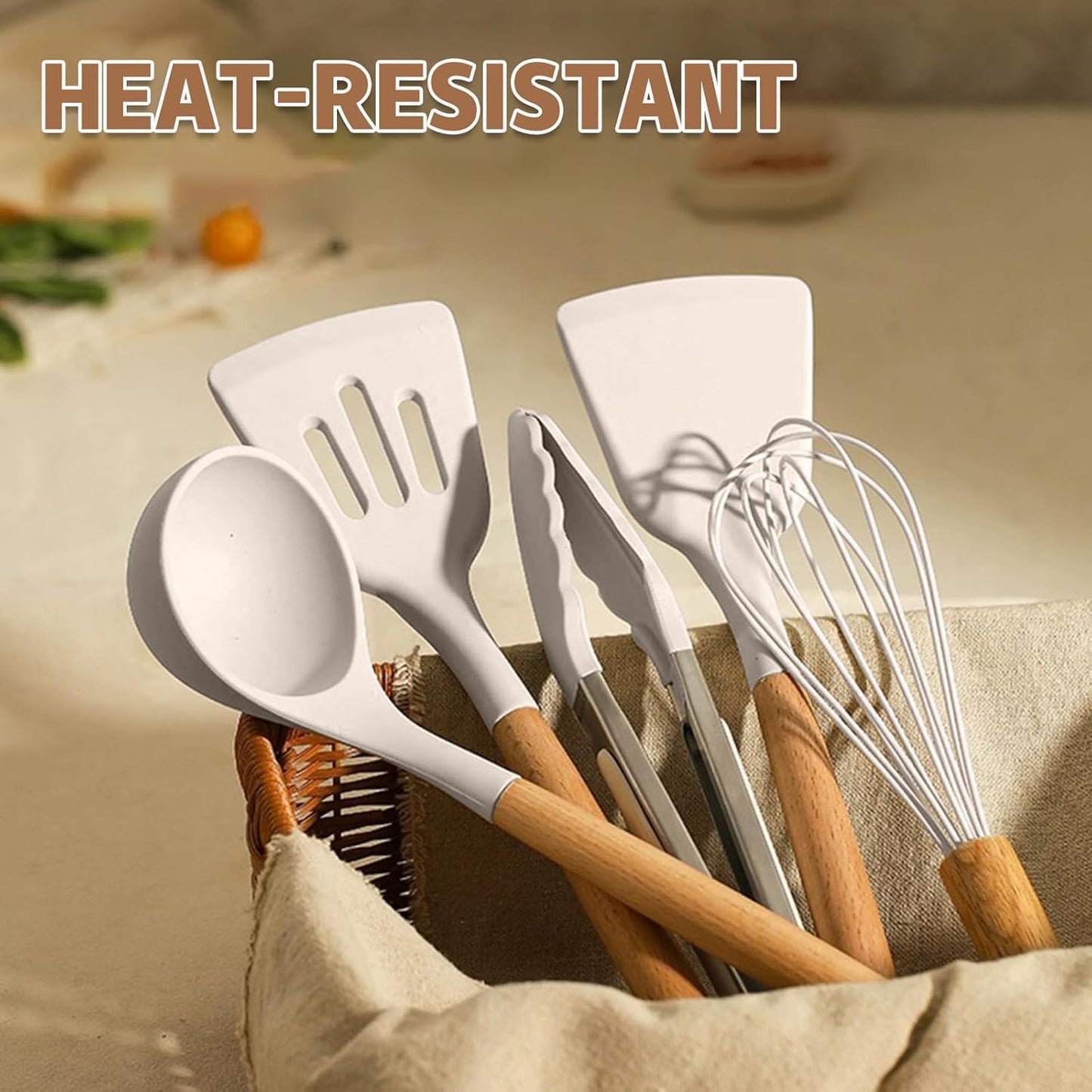 Umite Chef Kitchen Cooking Utensils Set, 33 pcs Non-Stick Silicone Cooking Kitchen Utensils Spatula Set with Holder, Wooden Handle Silicone Kitchen Gadgets Utensil Set (Khaki) - PuriLite