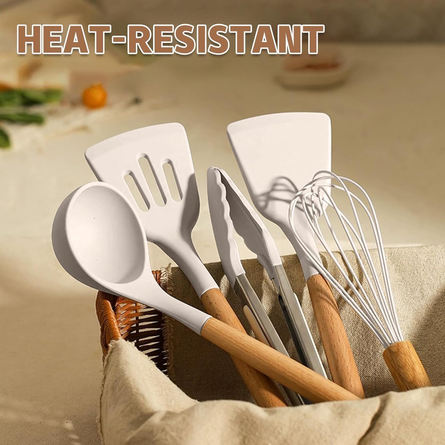 Umite Chef Kitchen Cooking Utensils Set, 33 pcs Non-Stick Silicone Cooking Kitchen Utensils Spatula Set with Holder, Wooden Handle Silicone Kitchen Gadgets Utensil Set (Khaki) - PuriLite