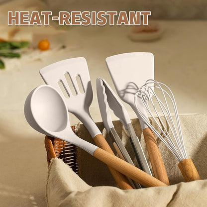 Umite Chef Kitchen Cooking Utensils Set, 33 pcs Non-Stick Silicone Cooking Kitchen Utensils Spatula Set with Holder, Wooden Handle Silicone Kitchen Gadgets Utensil Set (Khaki) - PuriLite