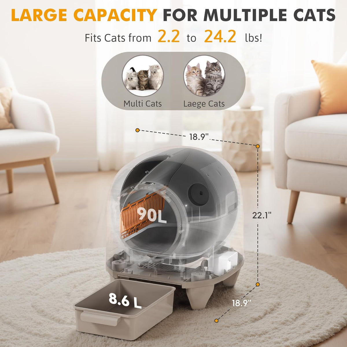 GUNJI Self Cleaning Litter Box, 90L Automatic Cat Litter Box for Multiple Cats, App Control-No Scoop, Large Kitty Box with Safety Protection, Includes Mat, 1 Garbage Bags (Gray) - PuriLite